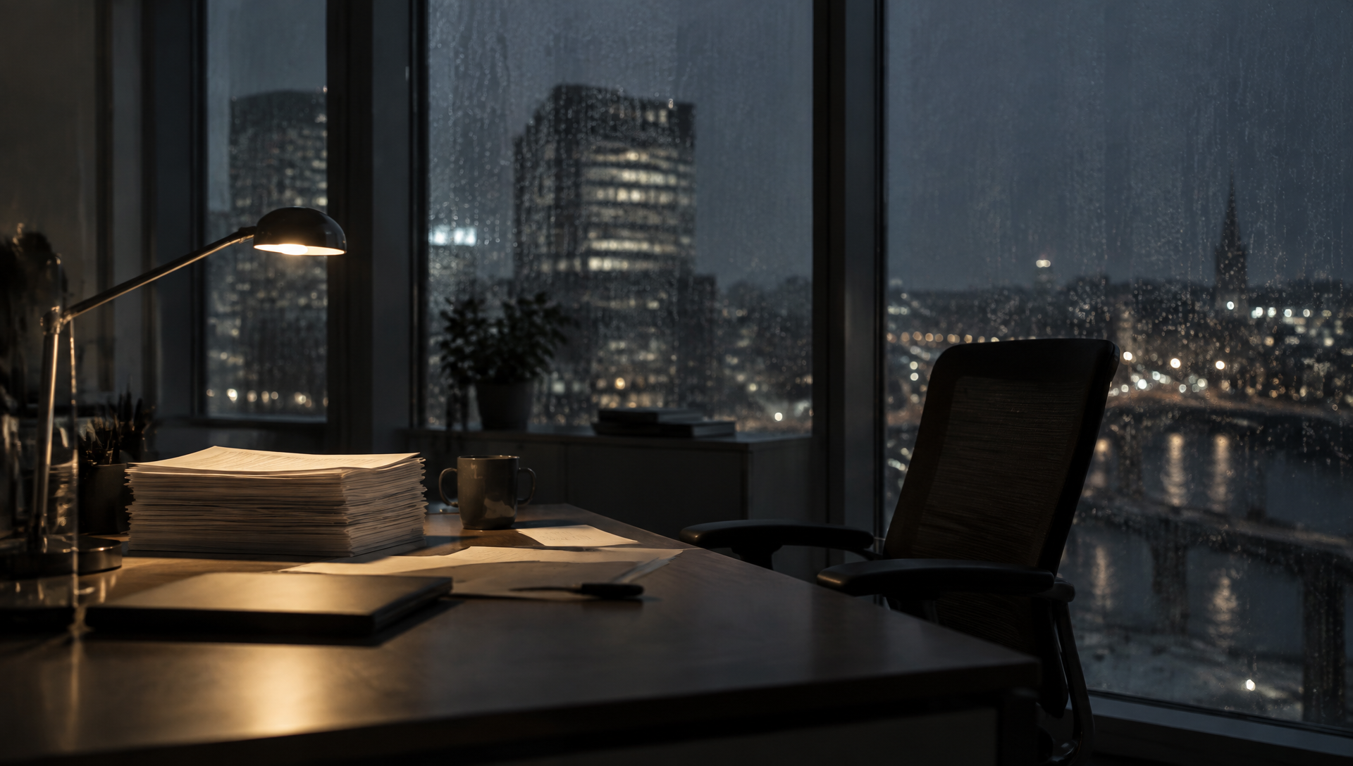 Illustration: an empty office desk with contract papers beside rain-streaked windows at night