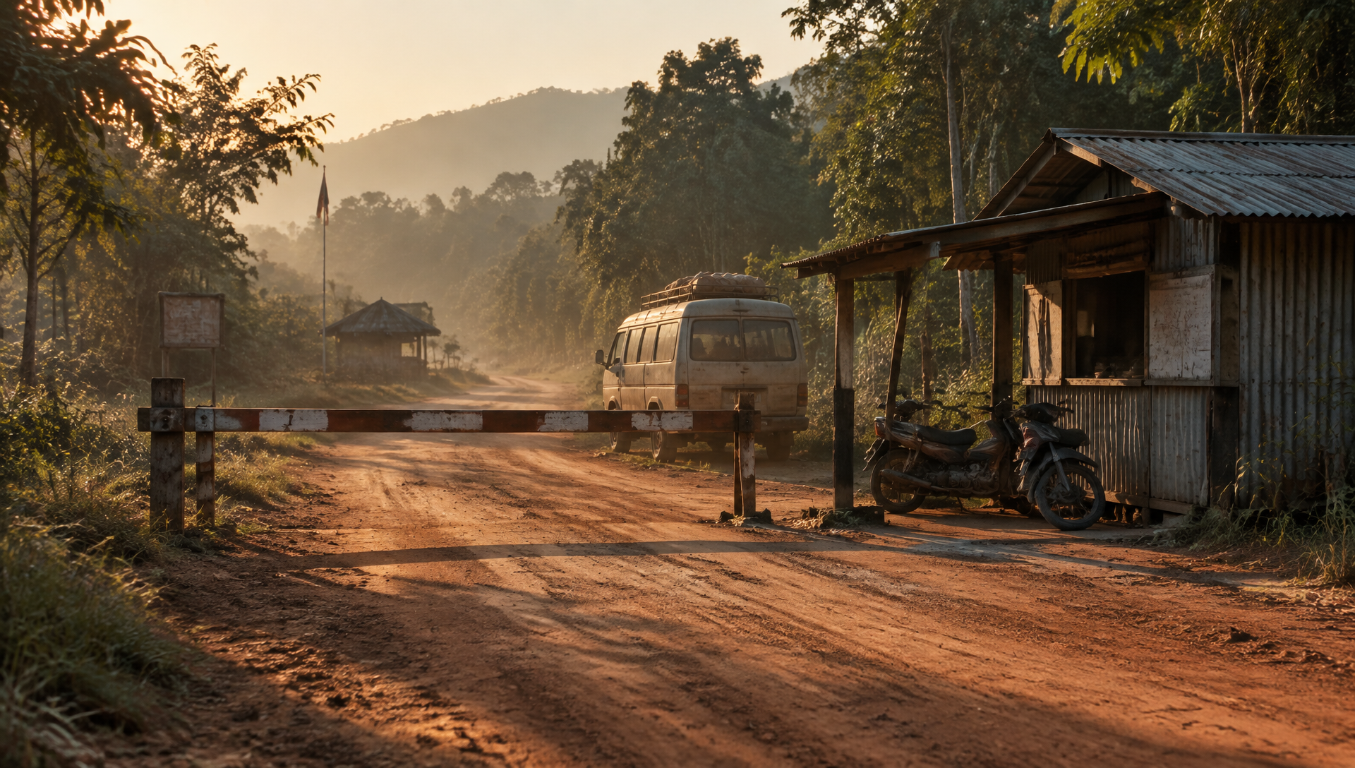 Illustration: a remote border crossing on a red road in Southeast Asia
